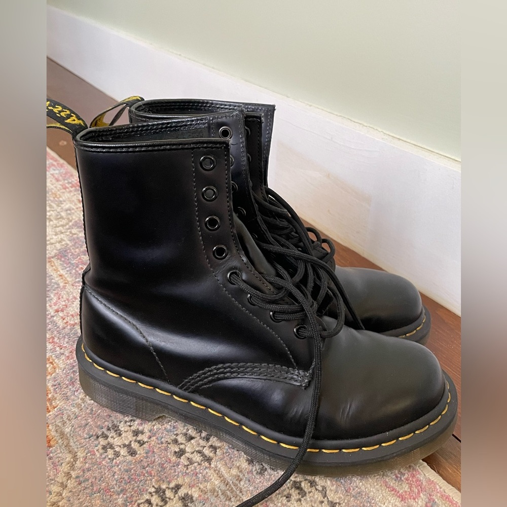 Dr. Martens Black Leather Combat Boots with Yellow Stitching - Picture 2 of 15